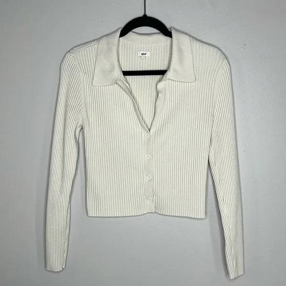 Aerie Ribbed Button Front Long Sleeve Collared Crop Top size Large - Picture 2 of 12